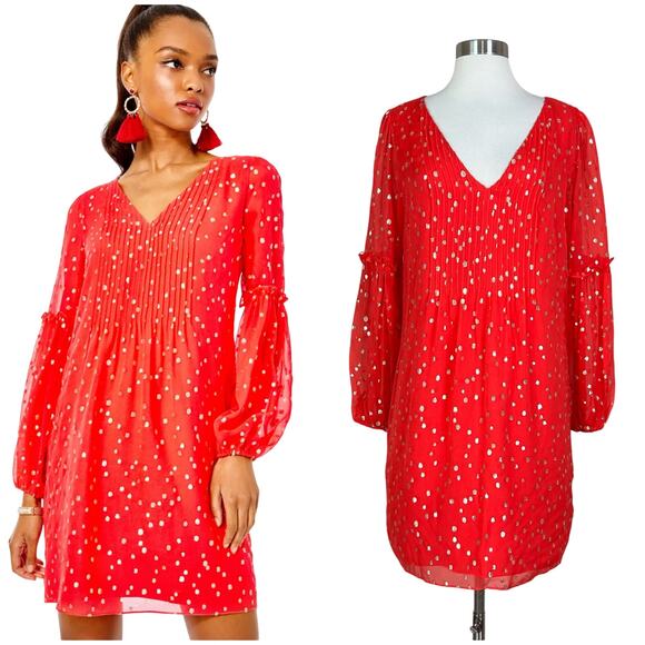 Lilly Pulitzer | Silk Cleme Red Gold Polka Dot Balloon Sleeve Shift Dress 8 EUC - Picture 1 of 13